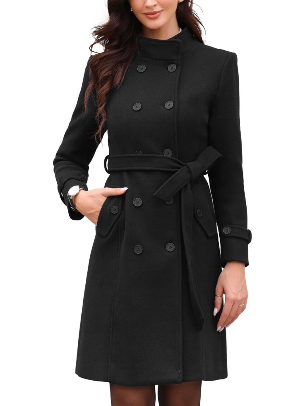 Chic Women's Stand Collar Pea Coat | Stylish Winter Overcoat with Pockets